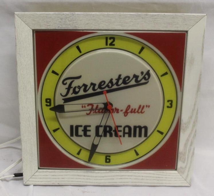 Forrester's Ice Cream Advertising Light-Up Clock: It runs and lights-up, but it is dim. 17" x 17".
