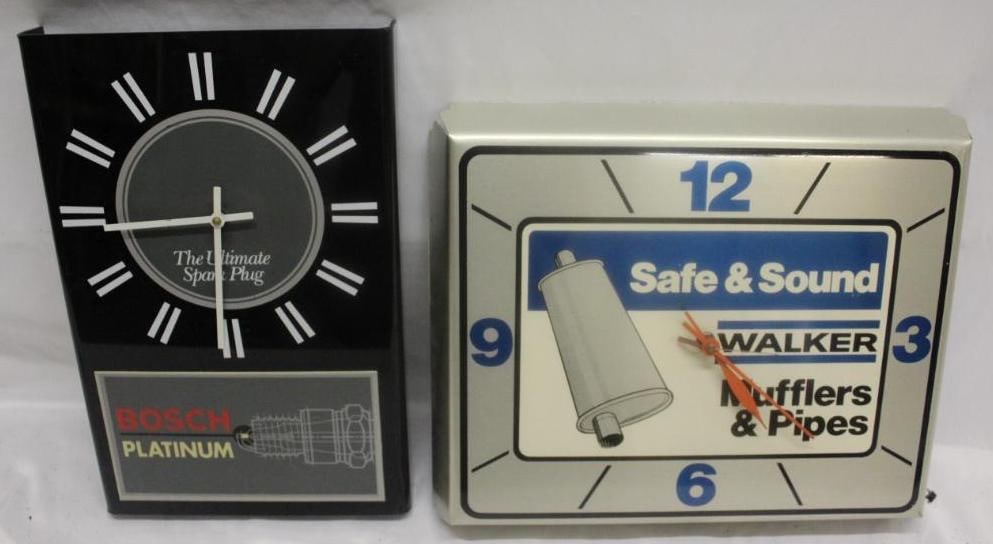 Group of 2 Walker Muffler & Bosch Spark Plugs Advertising Clocks (1 of 8)