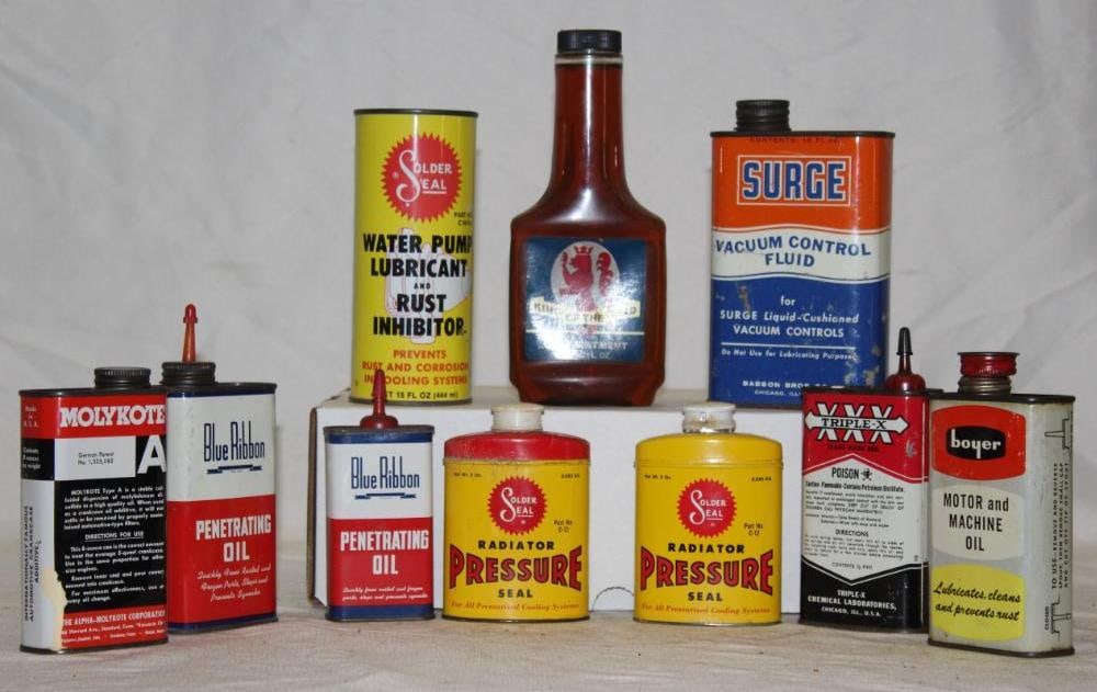 Group of 10 Automobile Product Cans Blue Ribbon, Surge, Solder Seal (1 of 2)