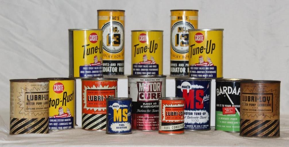 Group of 14 Automobile Product Cans Max's, Caseite, Bardahl, Lubriloy: largest 1 pint
