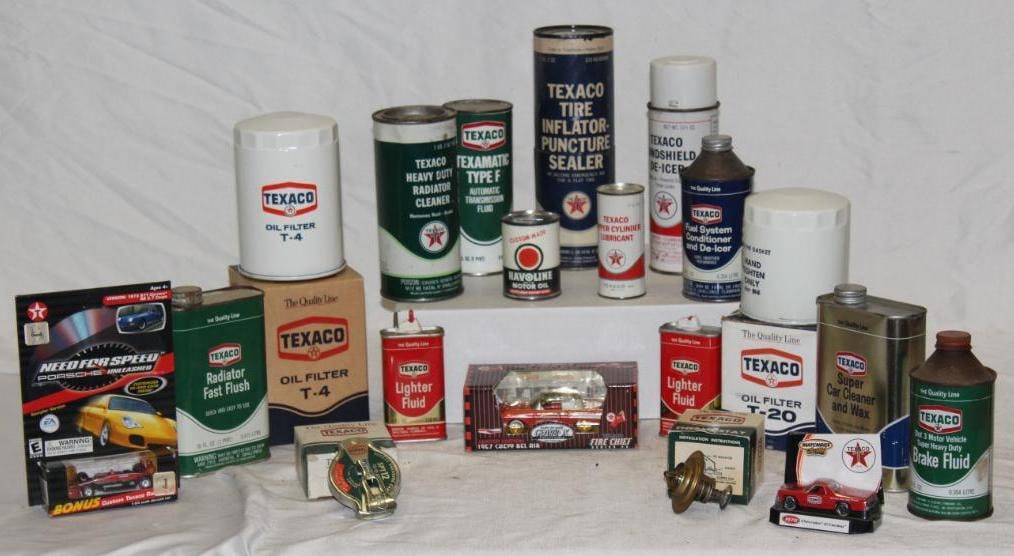 Group of 20 Texaco Product Cans and Advertisements: largest 9" x 3"