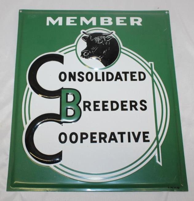 Embossed Metal Consolidated Breeders Cooperative Member Sign: in very good condition with only minor wear, marked AM 11-62, 14" x 12"