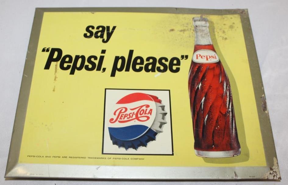 "Say Pepsi Please" Graphic Advertising Sign: tin over cardboard, has rust staining along the top and right edge, 11" x 9"