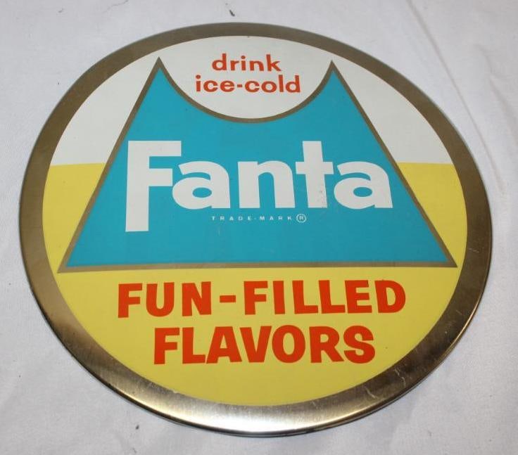 Drink Fanta Soda Advertising Sign: tin over cardboard, in vey good condition with only minor wear, 9" diameter