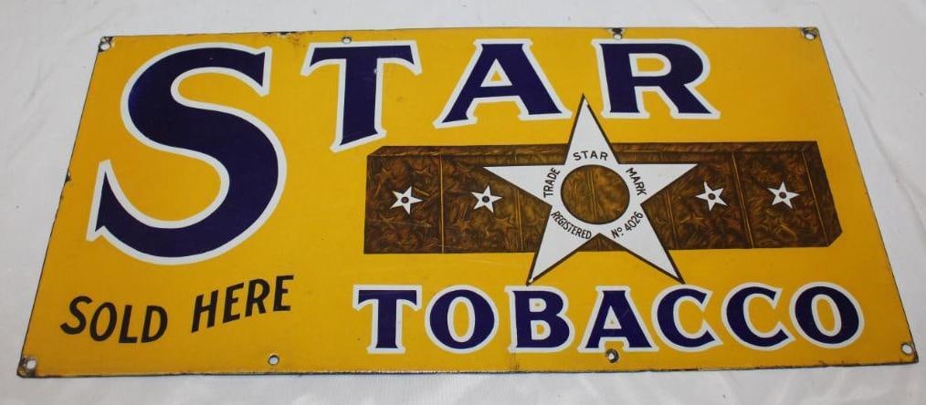 Star Tobacco "Sold Here" Porcelain Advertising Sign: It has been clear coated. It is single sided 24" x 11.75"