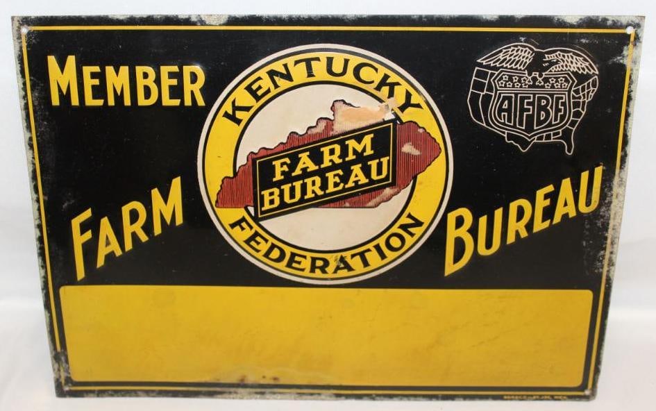 Kentucky Farm Bureau Tin Tacker Adverting Sign: 14" x 10" it is marked Bradco St Joe, Mich. It is in good conditon with light wear and scratches.