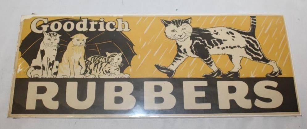 Goodrich Rubber Graphic Advertising Display with Cats: paper with a foam back, has some wear along the top and left edge, 17" x 6.5"