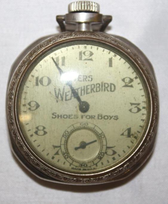 Peters Weatherbird Shoes Advertising Pocketwatch: 2.5" x 2", it winds and runs