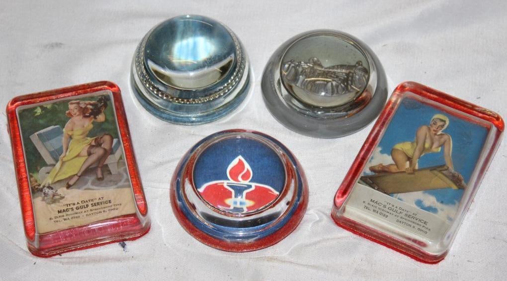 Group of 5 Advertising Paperweights Gulf, Standard, Fordson Tractors: largest 4.5" x 3"