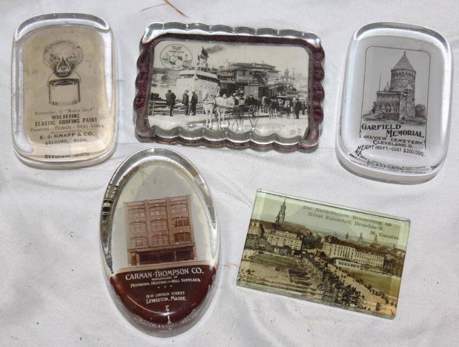 Group of 5 Glass Advertising Paperweights Wolverine, Garfield, Carman-Thompson, Hotel: largest 4.5" x 3"