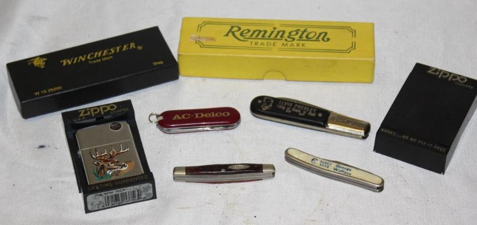 Group of 8 Advertising Knives and Lighters Zippo, Remington, Winchester: largest 5.5" x 1.5" x 1"