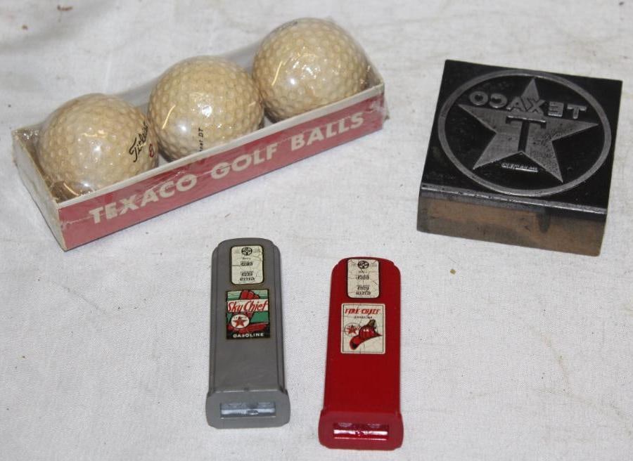 Group of 3 Texaco Advertising Items: salt and pepper shaker, stamp, golf balls, largest 5" x 1.5" x 1.75"