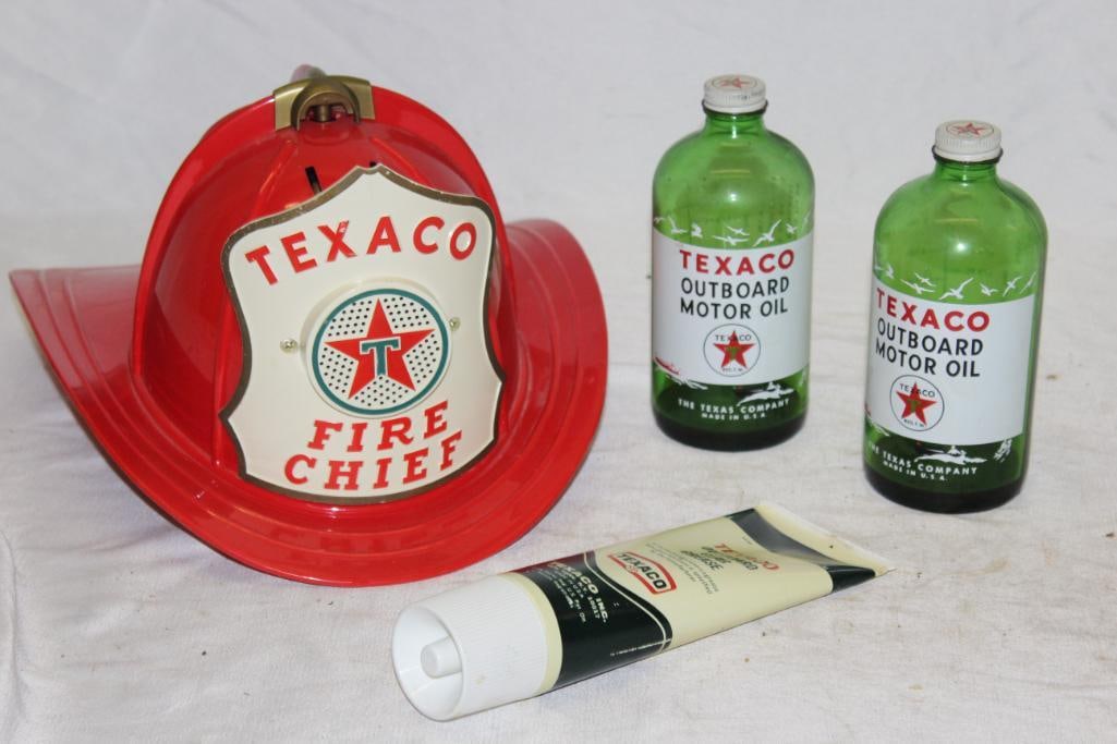 Group of 5 Texaco Bottles Outboard and Fire Hat: largest 15" x 7" x 10"