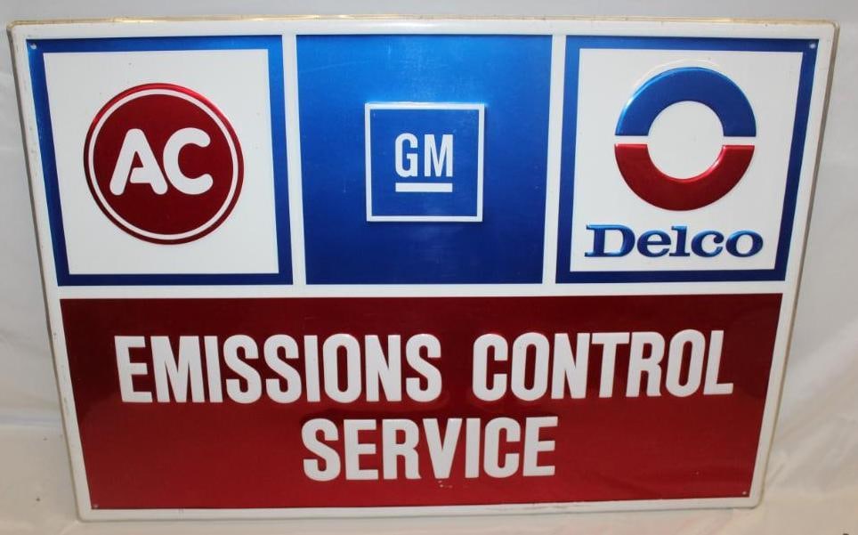 AC Delco GM Emission Control Service Embossed Metal Advertising Sign (1 of 4)
