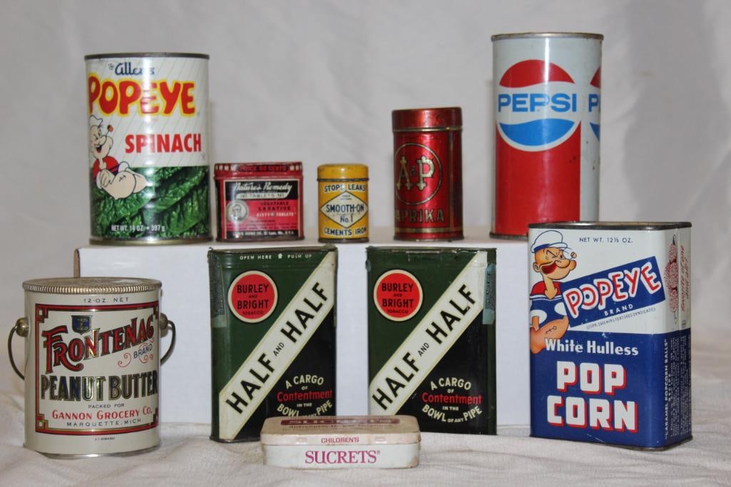 Group of 10 Miscellaneous Advertising Tins Popeye, A & P, Frontenac: largest 3.5" x 3"