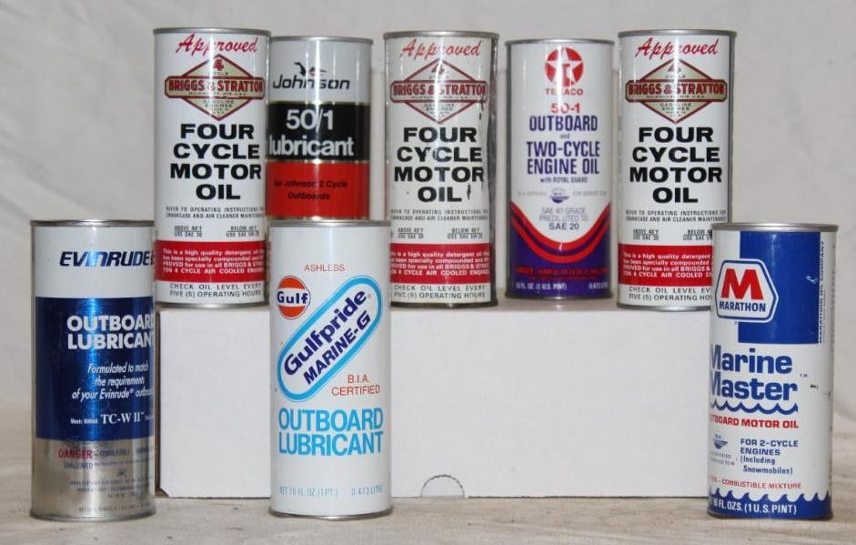 Group of 8 Outboard and Marine Oil Cans Texaco, Johnson, Gulf, Evinrude, Briggs & Stratton (1 of 2)