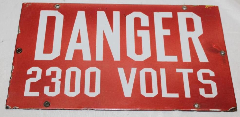 Danger 2300 Volts Porcelain Advertising Sign: Single Sided 14" x 8" There is some fading to the field and some chips along the edges