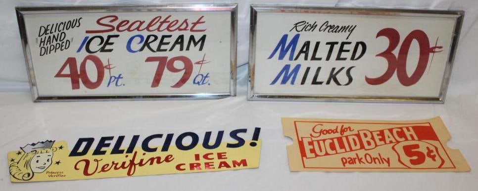 Group of 4 Advertising Ice Cream Verifine, Sealtest, Euclid Beach Signs: They are cardboard. The largest is 21" x 10"