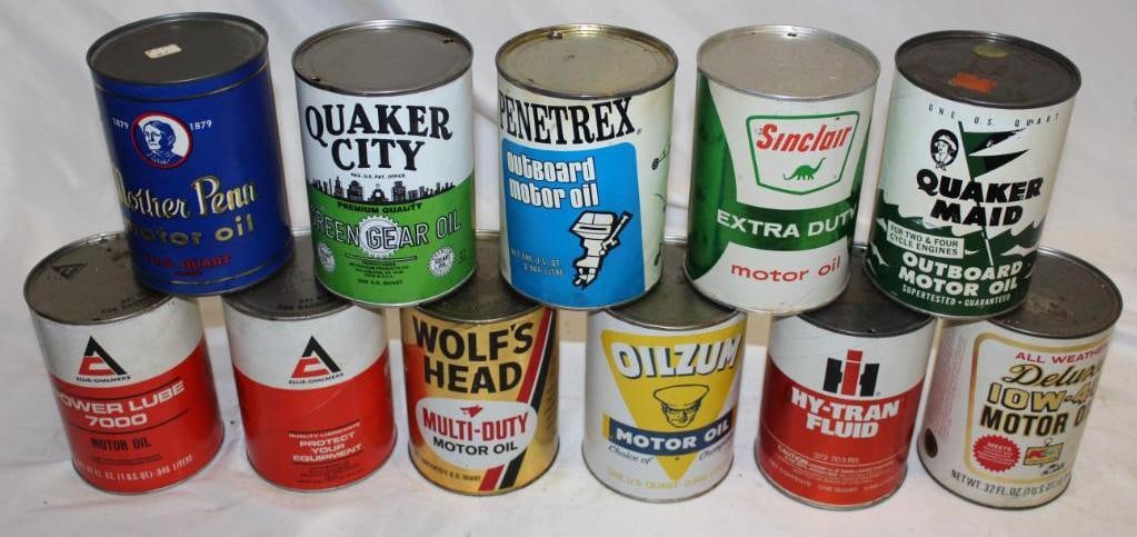 Group of 11 One Quart Motor Oil Cans; Sinclair, Allis Chalmers, Wolf's Head, Oilzum International (1 of 2)