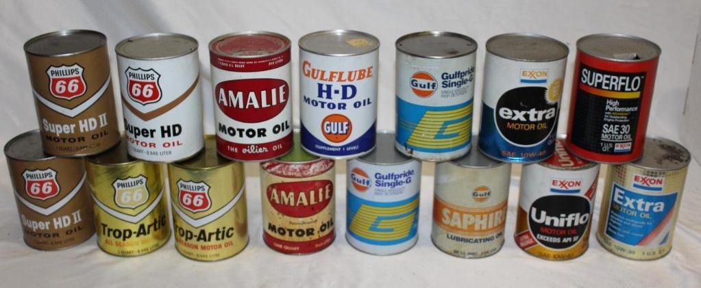 Group of 15 One Quart Motor Oil Cans; Gulf, Exxon, Phillips 66, Amalie (1 of 2)