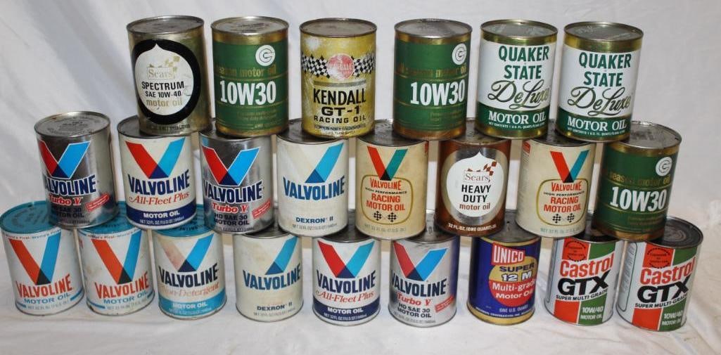 Group of 23 One Quart Motor Oil Cans; Valvoline, Kendall, Sears, Gold Circle, Castrol, Unico: All are composite and empty