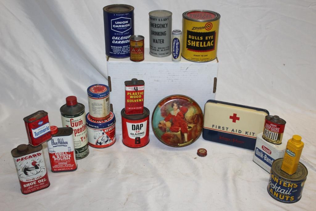 Group of 20 Household Advertising Tins; Dr Scholls, Planters, Vaseline, Blue Ribbon (1 of 2)