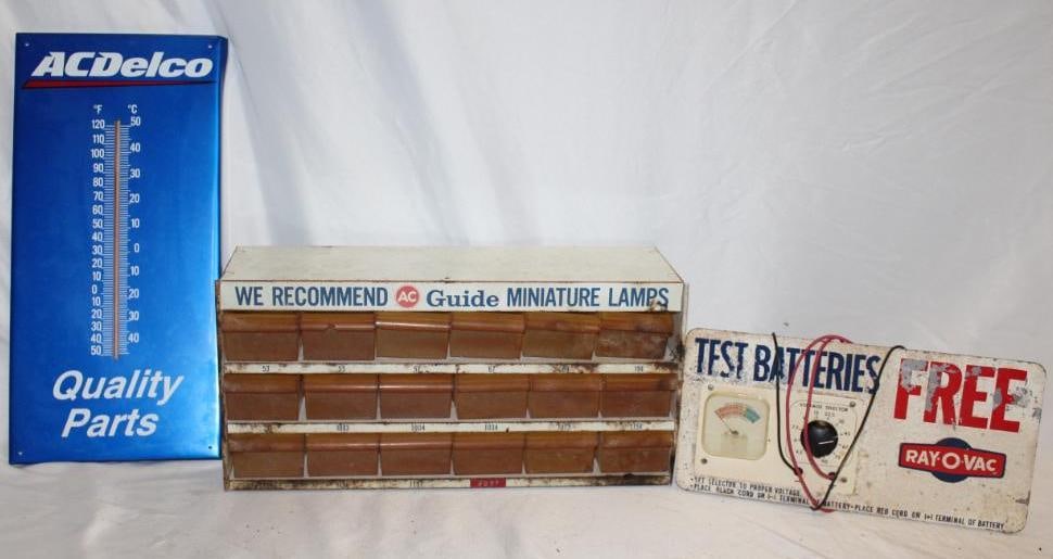 Group of 3 Advertising Items; AC Delco Display and Themoter, Rayovac Tester (1 of 3)