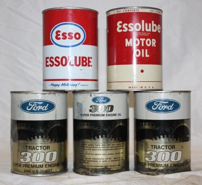 Group of 5 Metal One Quart Oil Cans; Ford, Esso: All are metal and empty