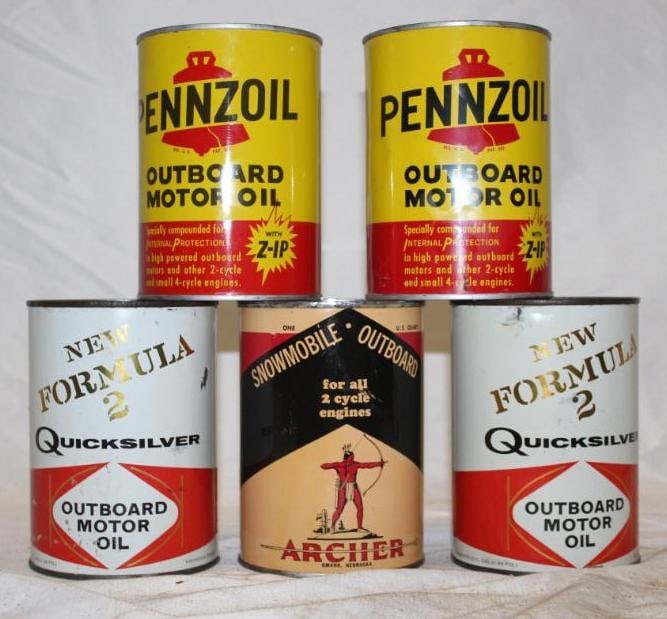Group of 5 Metal Outboard One Quart Oil Cans; Pennzoil, Archer, Quicksilver (1 of 2)