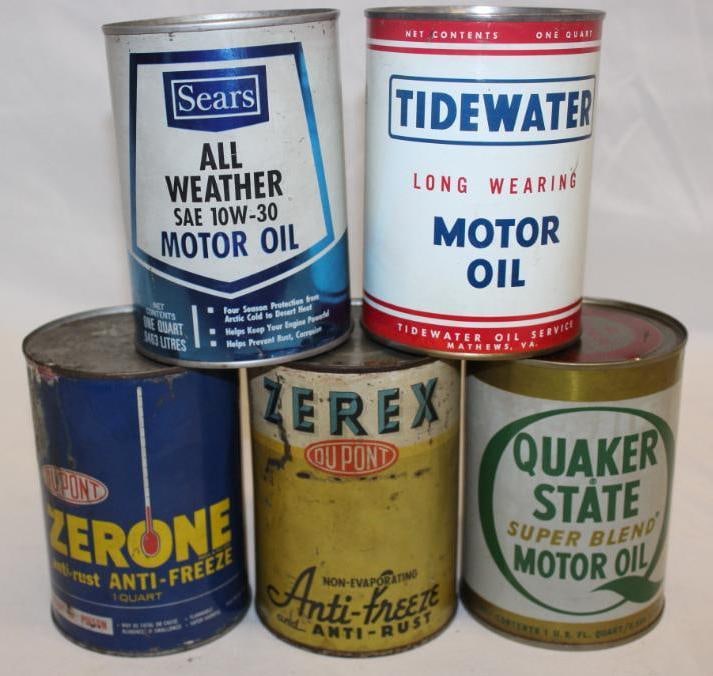 Group of 5 Metal One Quart Oil Cans; Sears, Quaker State, Zerone, Tidewater, Zerex (1 of 2)