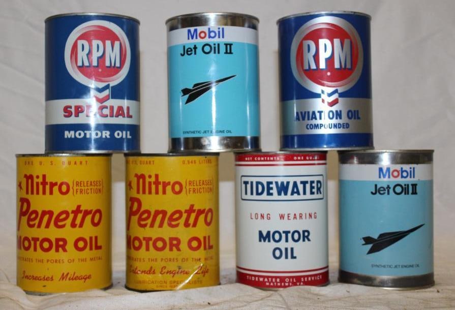 Group of 7 Metal One Quart Oil Cans; Mobil, RPM, Nitro, Tidewater (1 of 2)