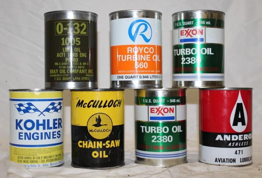 Group of 7 Metal One Quart Oil Cans; Exxon, Royco, Kohler, McCulloch, Anderol, Bray (1 of 2)