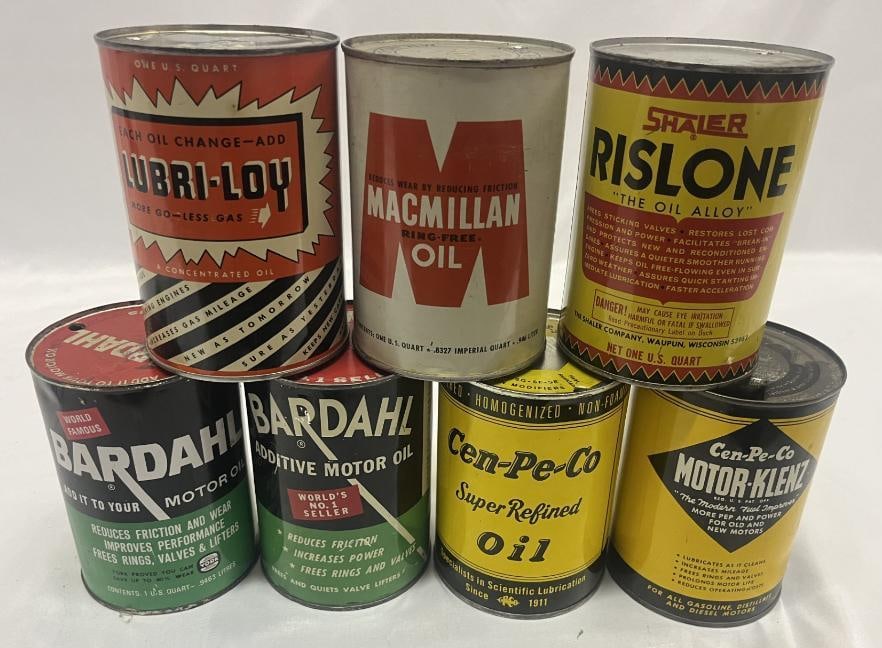 Group of 7 Metal One Quart Oil Cans; Bardahl, MacMillan, Cen-Pe-Co, Rislone, Lubri-Loy: All are metal and empty