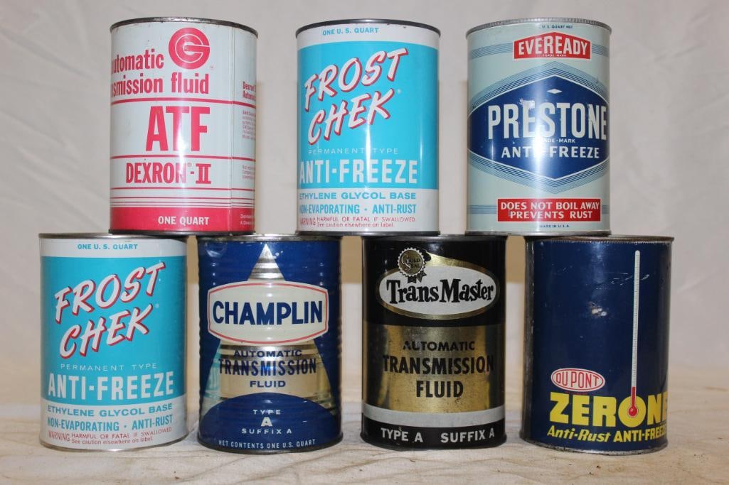Group of 7 Metal One Quart ATF Oil Cans; Frost Chek, Champlin, Gold Circle, Zerone, TransMaster, (1 of 2)