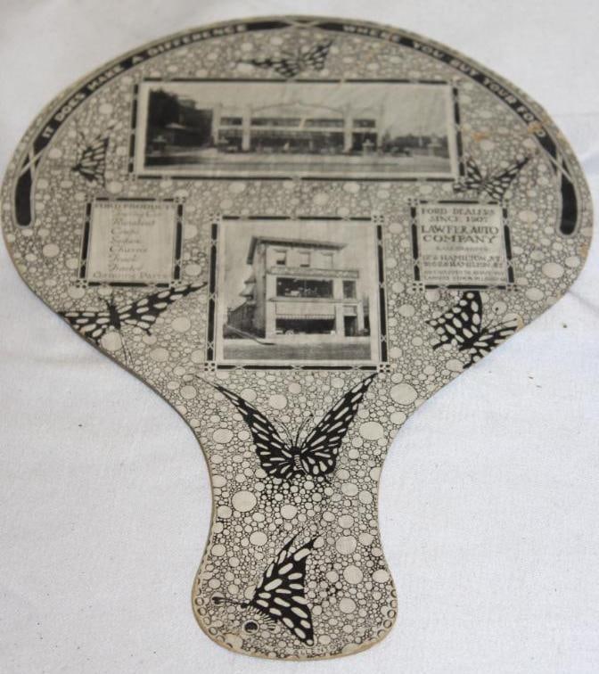 1910's Ford Lawfer Advertising Fan: It has a small tape repair. 11.25" x 8"