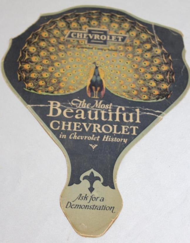 1927 Chevrolet Peacock Advertising Fan: 11.25" x 8" It is missing a small piece at the top right edge