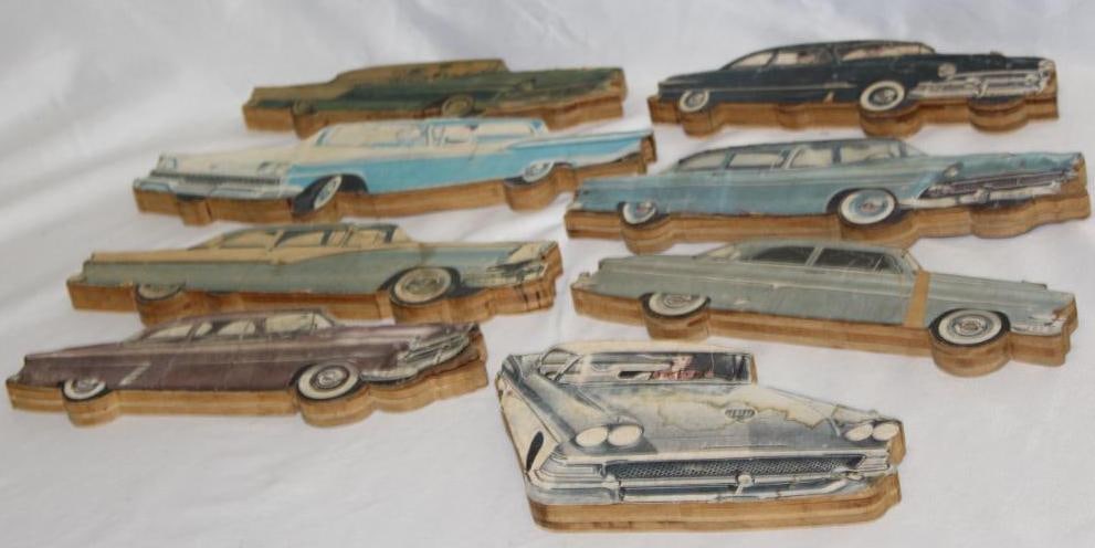 Group of 7 Wooden Figural Wooden Cars 1950's Ford: Largest is 11.5" x 3" x 1"