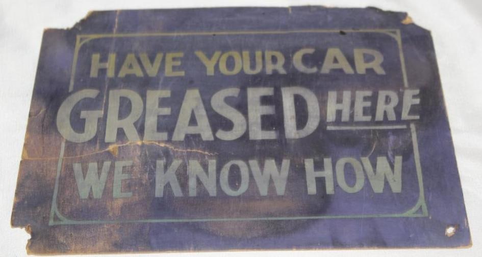 "Have Your Car Greased Here" Cardstock Sign: 10.75" x 9"; with some tears and creases