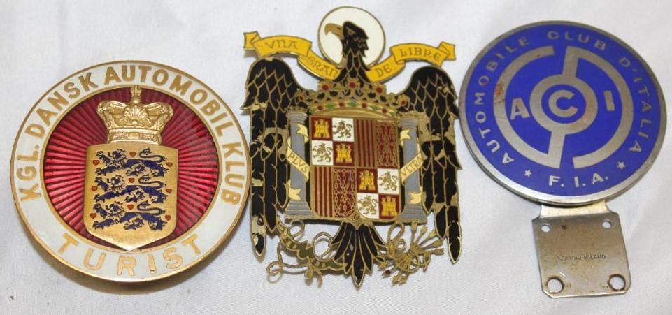 Group of 3 ACI & KGL Auto Club Emblem Badges; Italy, Denmark, Spain (1 of 2)
