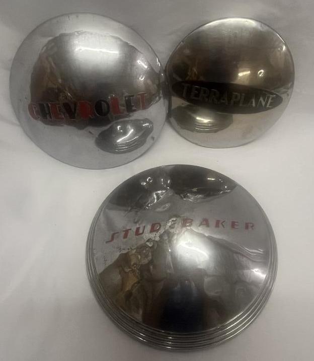 Group of 3 Studebaker, Chevrolet, and Hudson Terraplane Hubcaps: Largest is 11.5"