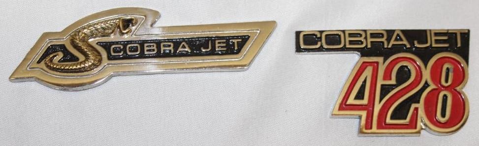 Group of 1968-1969 2 Cobra-Jet 428 Mustang Emblem Badges GT 350 & 500: Largest 4.25" x 1.25"