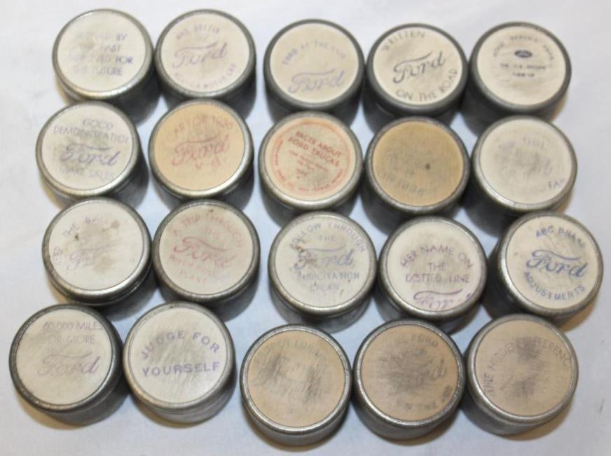Group of 20 1930's Ford Sales & Service Training Film Container Tins: All are empty; 1.5" x 1.5"