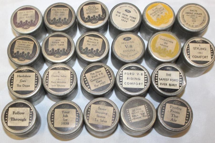 Group of 22 1930's Ford Sales & Service Training Film Container Tins (1 of 3)