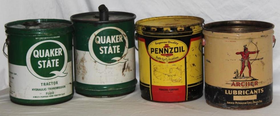 Group of 4 5 Gallon Oil and Grease Cans Quaker State, Pennzoil, Archer (1 of 2)