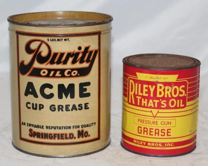 Group of 2 Independent Purity and Riley Bros Grease Cans: 5lb and 2lb