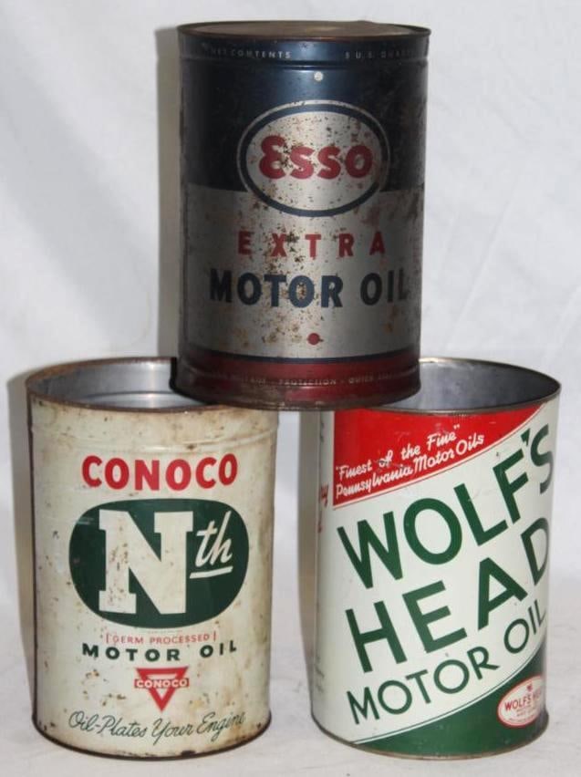 Group of 3 Esso, Conoco, Wolf's Head 5 Qt Motor Oil Cans (1 of 2)