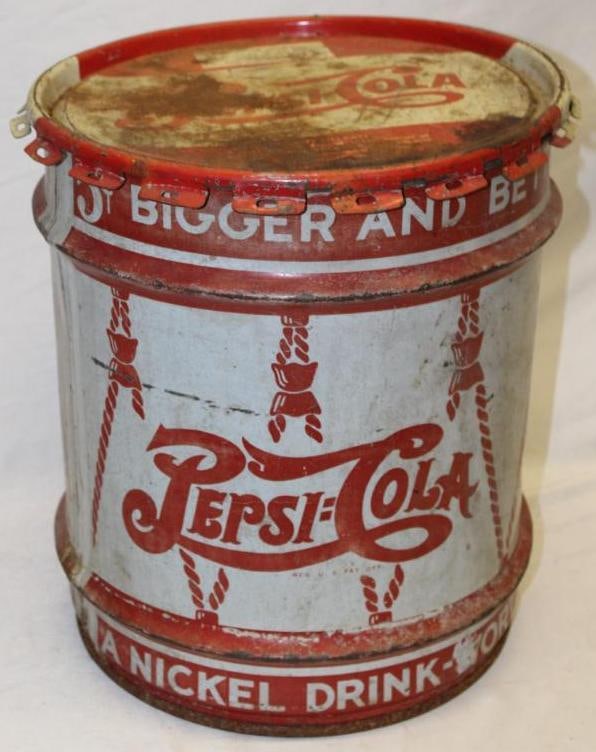 Large Pepsi Cola Advertising Display Can: 14.5" diameter x 17.5", has surface rust and wear throughout