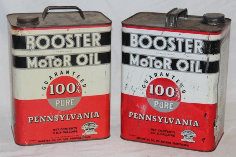 Group of 2 Booster 2 Gallon Motor Oil Cans: both are empty