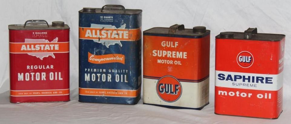 Group of 4 Gulf, Allstate 2 Gallon Motor Oil Cans (1 of 2)