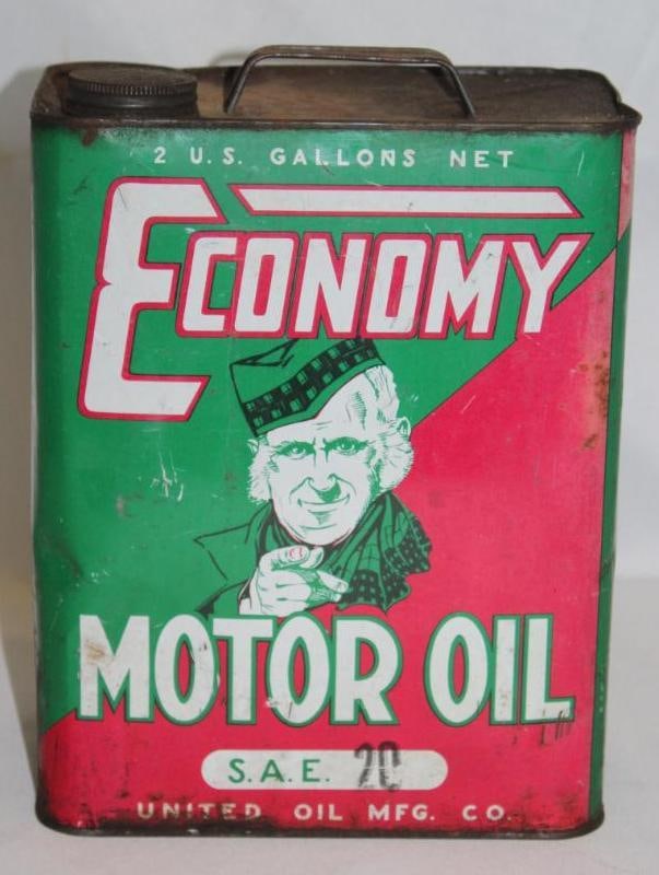 2 Gallon Economy Graphic Motor Oil Can: display side has good color and light scratches, reverse has some fading